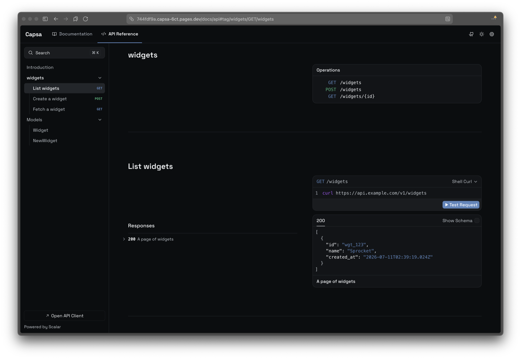 Capsa OpenAPI reference — interactive Scalar explorer, matching theme